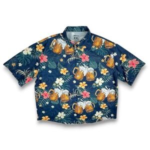 Hivichi Hawaiian Shirt Mens 2XL Beer Mugs Floral Print Navy Blue Lightweight AOP